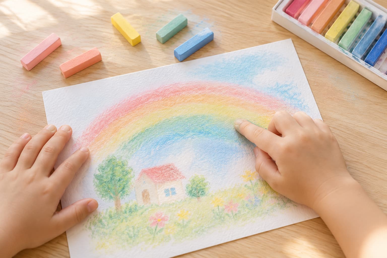 子どもがパステルで絵を描く体験イメージ